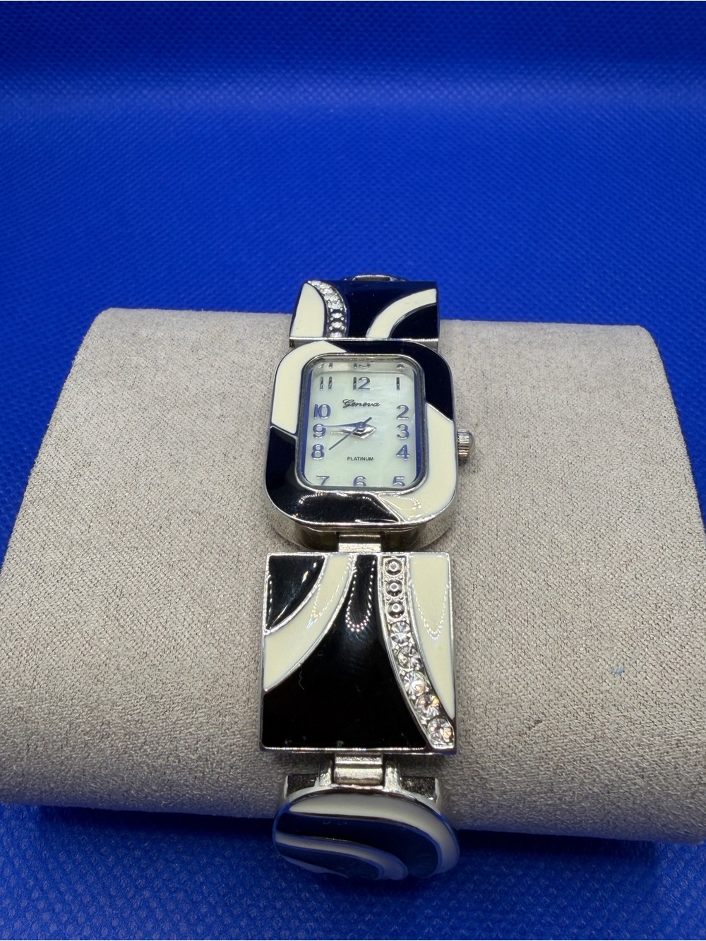 Japan Geneva Black and White Enamel Bracelet Watch with Crystal Accents